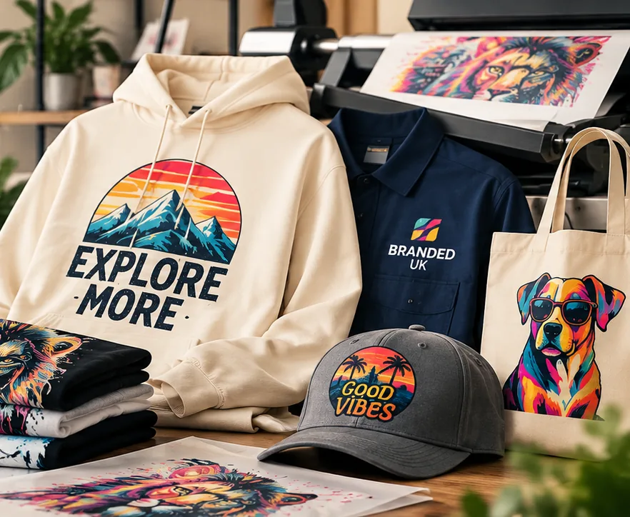 Wide-format digital printer producing a full-colour print beside branded garments