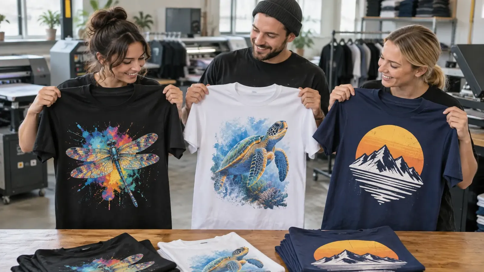 Full-colour DTG printed T-shirts with garment printers in the studio