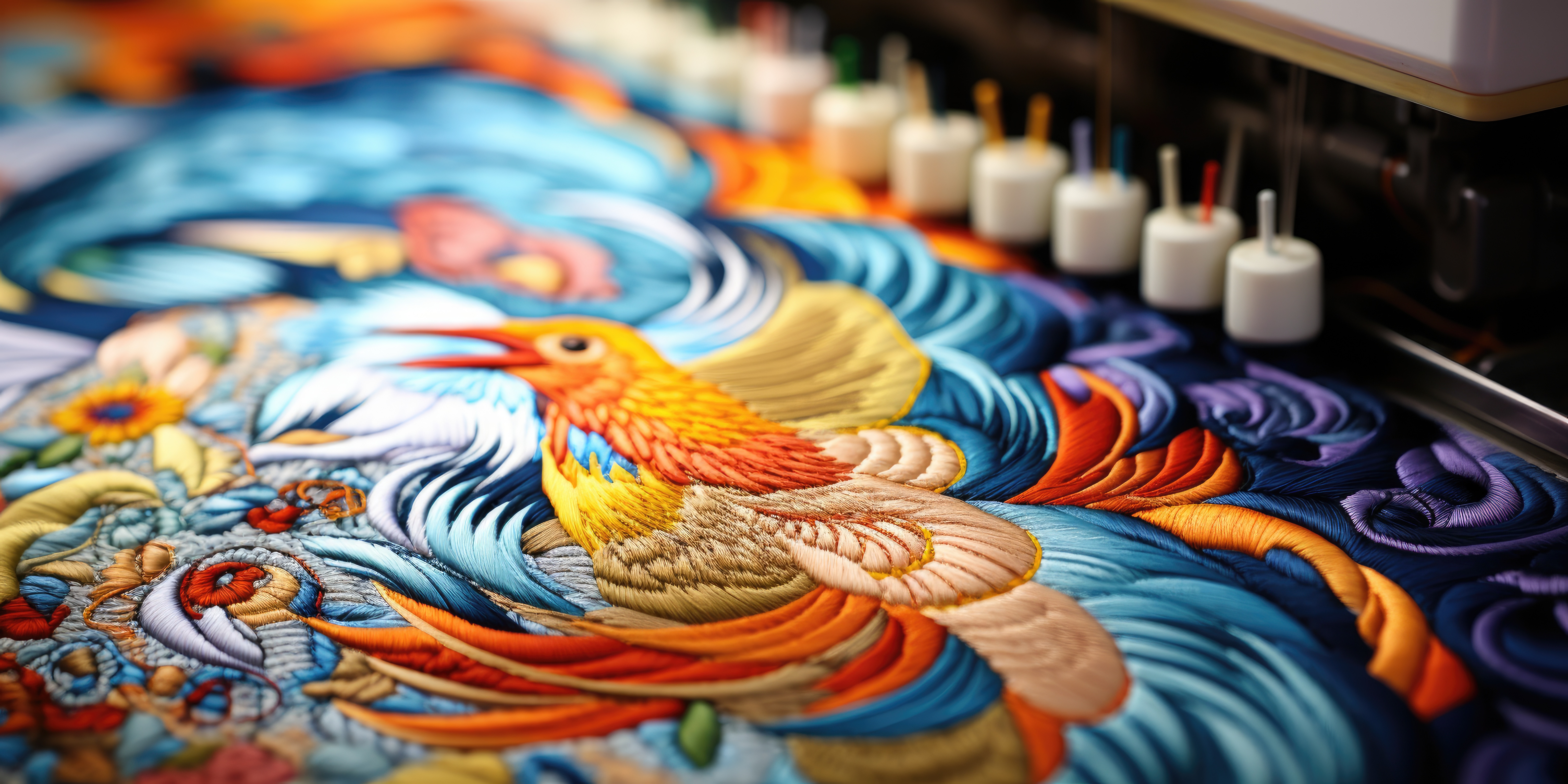 Machine embroidery floral pattern close-up