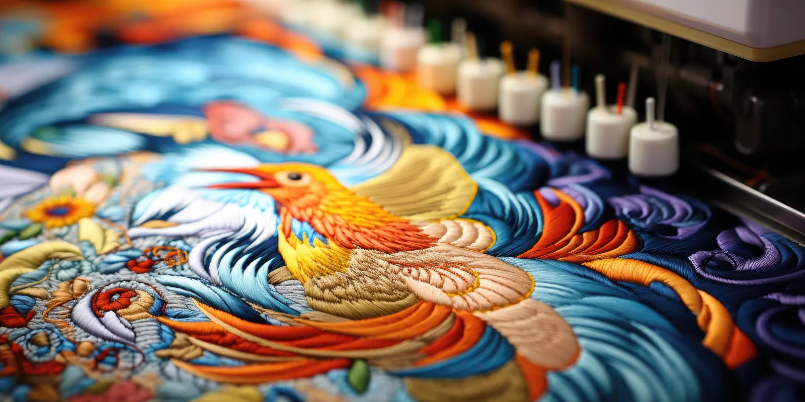 Machine embroidery floral pattern close-up