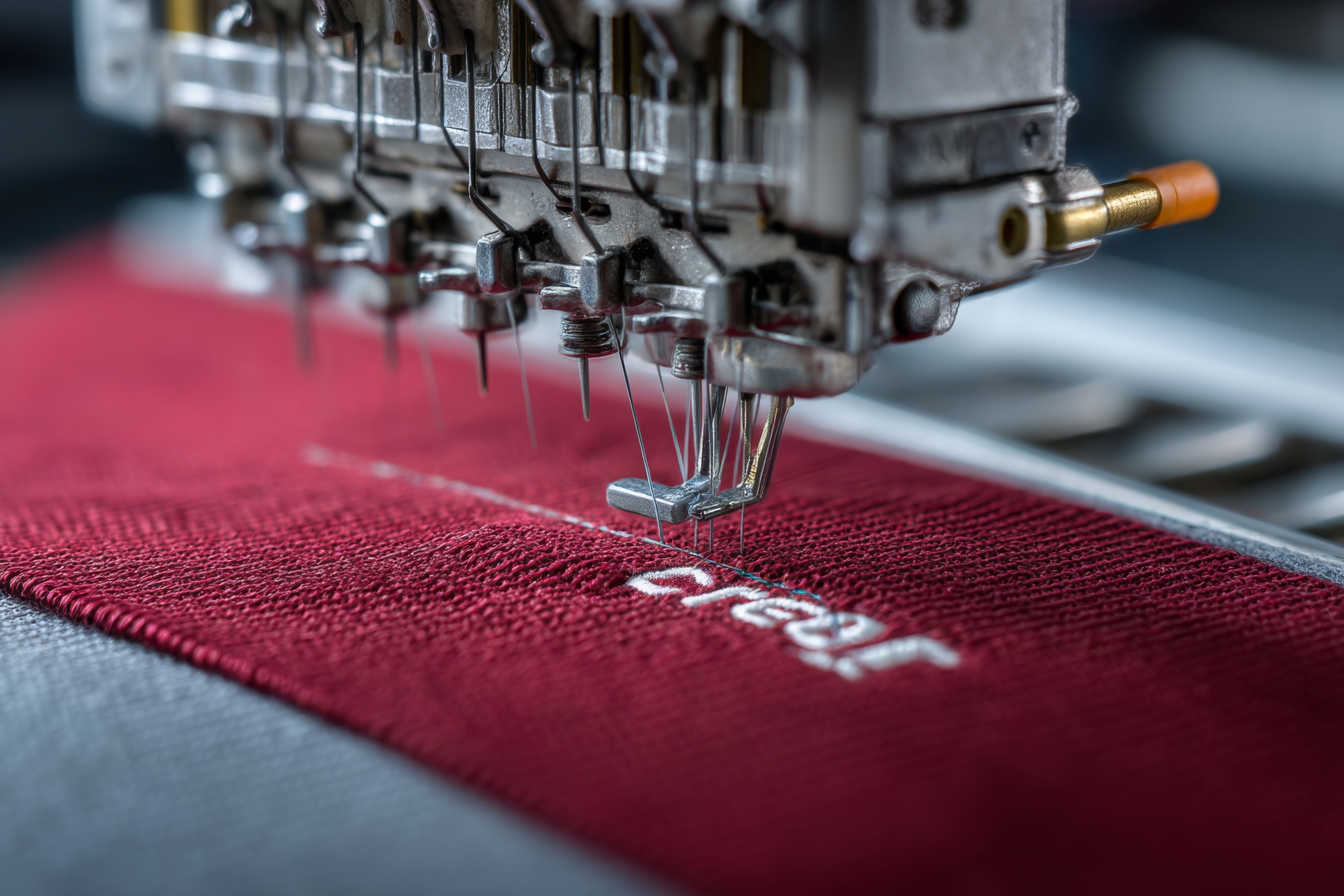 Industrial embroidery machine in action