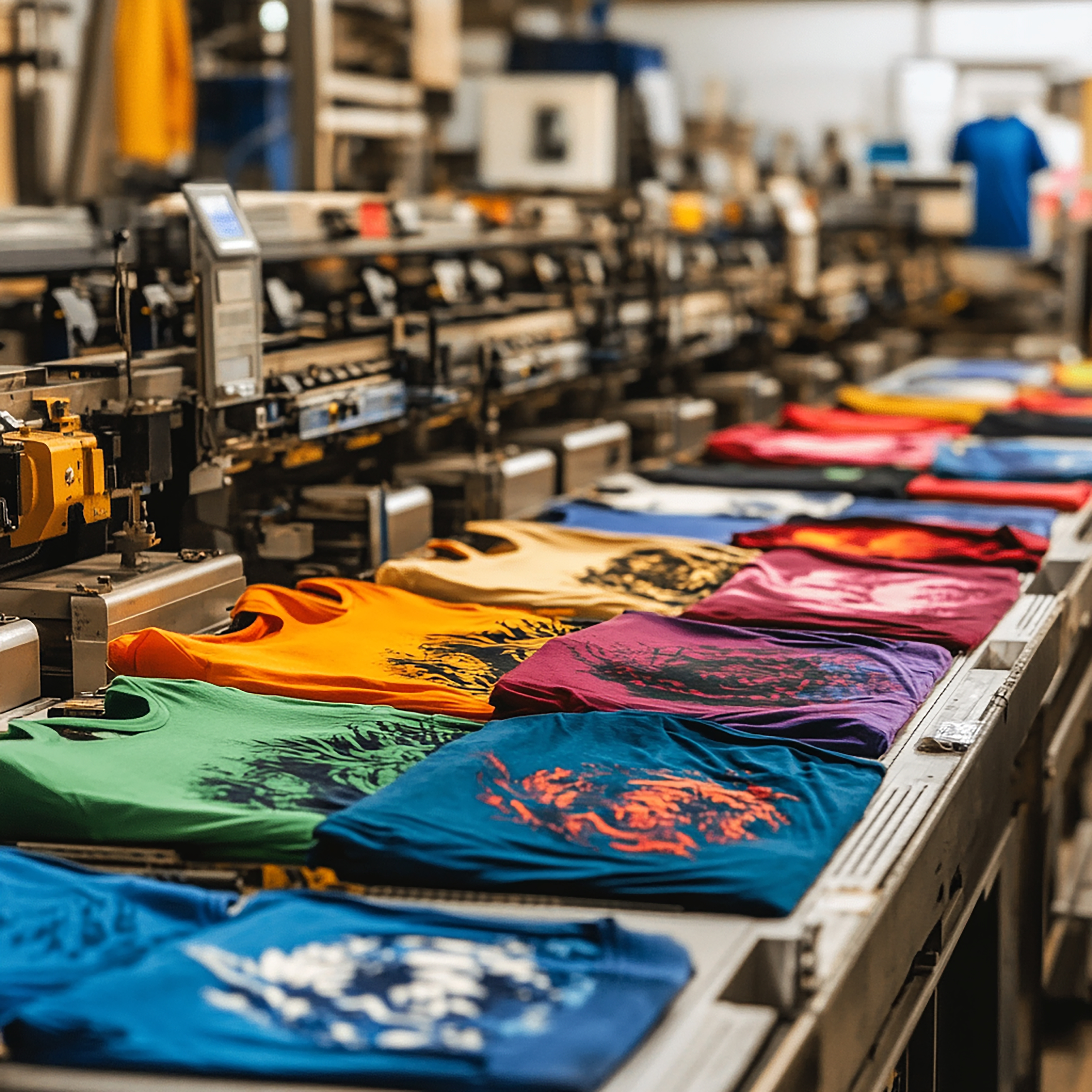 Colorful printed t-shirts on conveyor belt in printing facility