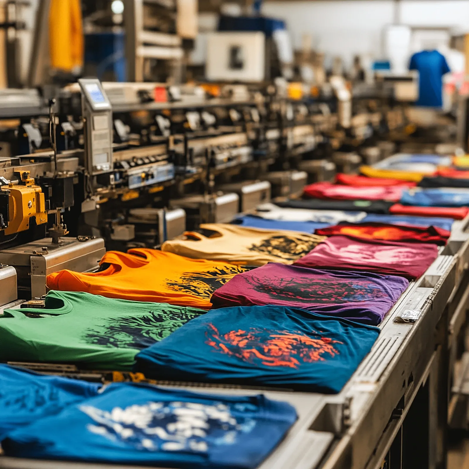 Colourful printed T-shirts on conveyor belt in printing facility